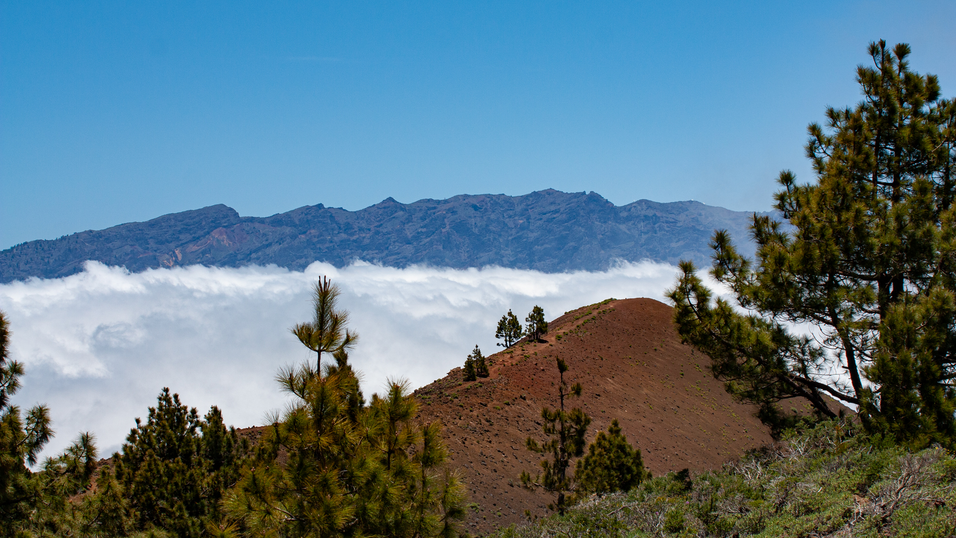Wolkenmeer zwischen Birigoyo und der Gipfelkette der Caldera.