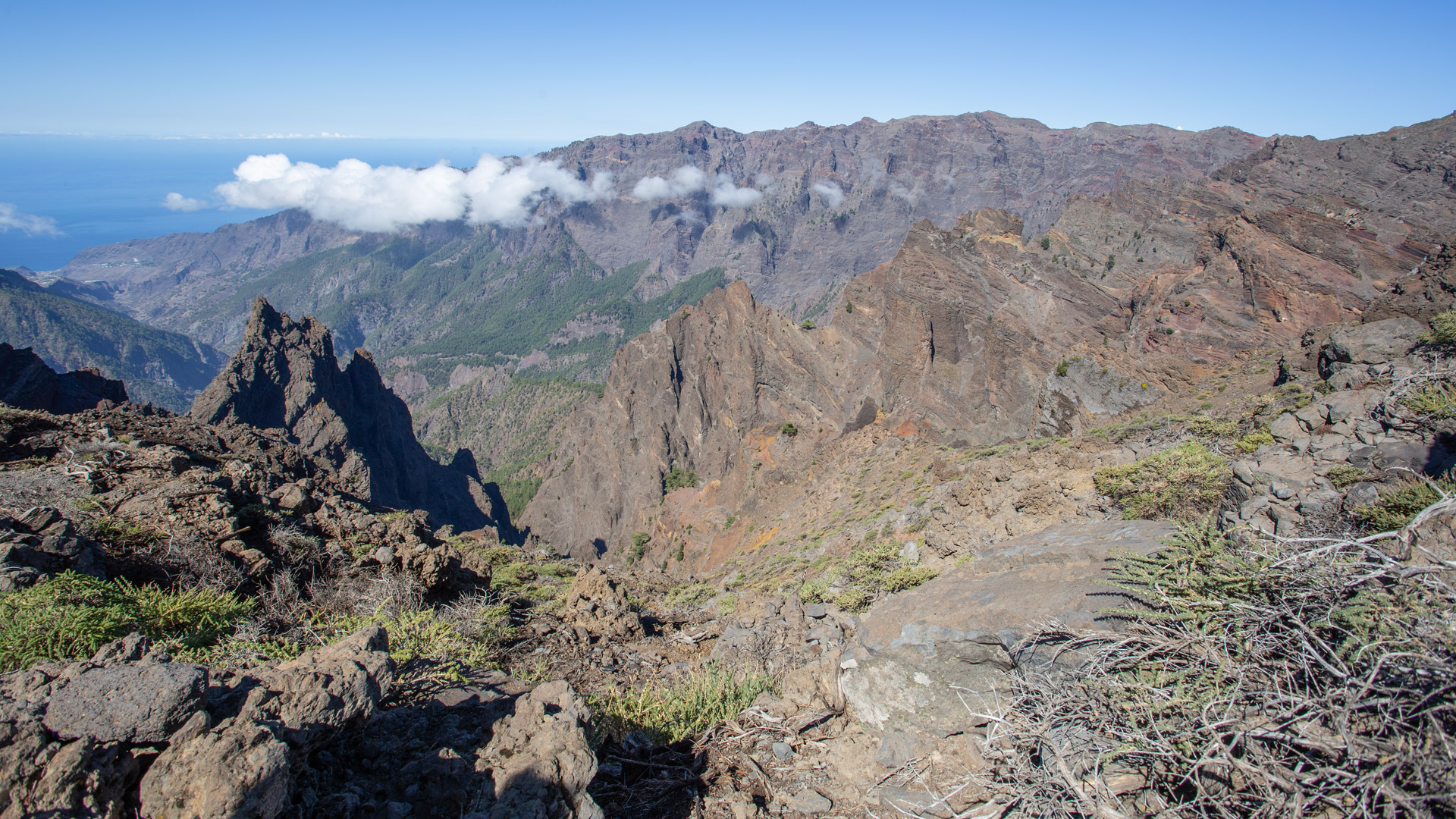 Ausblick vom Pico de la Cruz (2.351 m) über die Felsklippenränder der Caldera de Taburiente