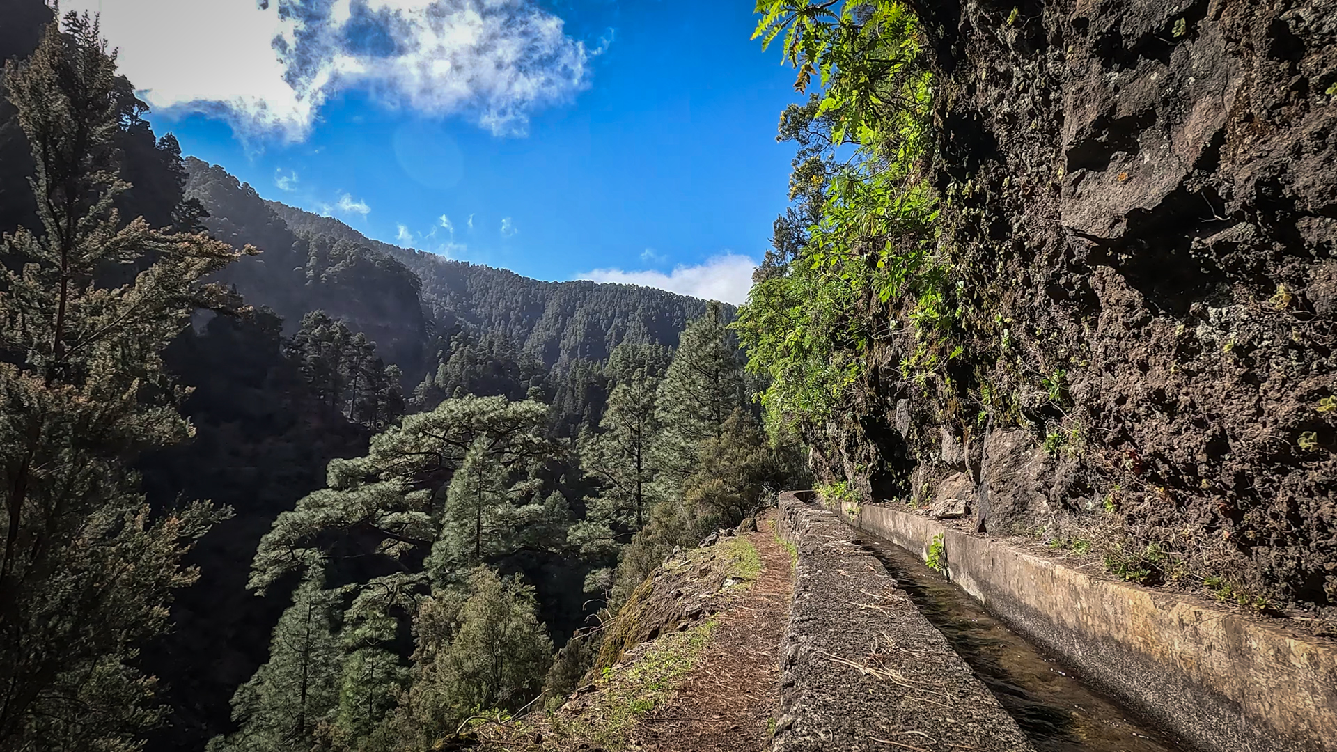 der Wanderweg läuft entlang dem Wasserkanal zu den Marcos y Cordero Quellen auf La Palma
