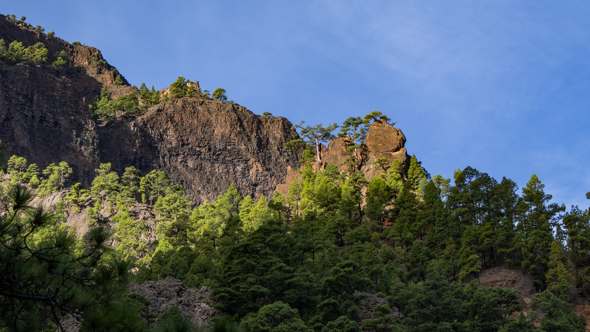 Blick auf den Roque de la Zarza im Nationalpark Caldera de Taburiente 
