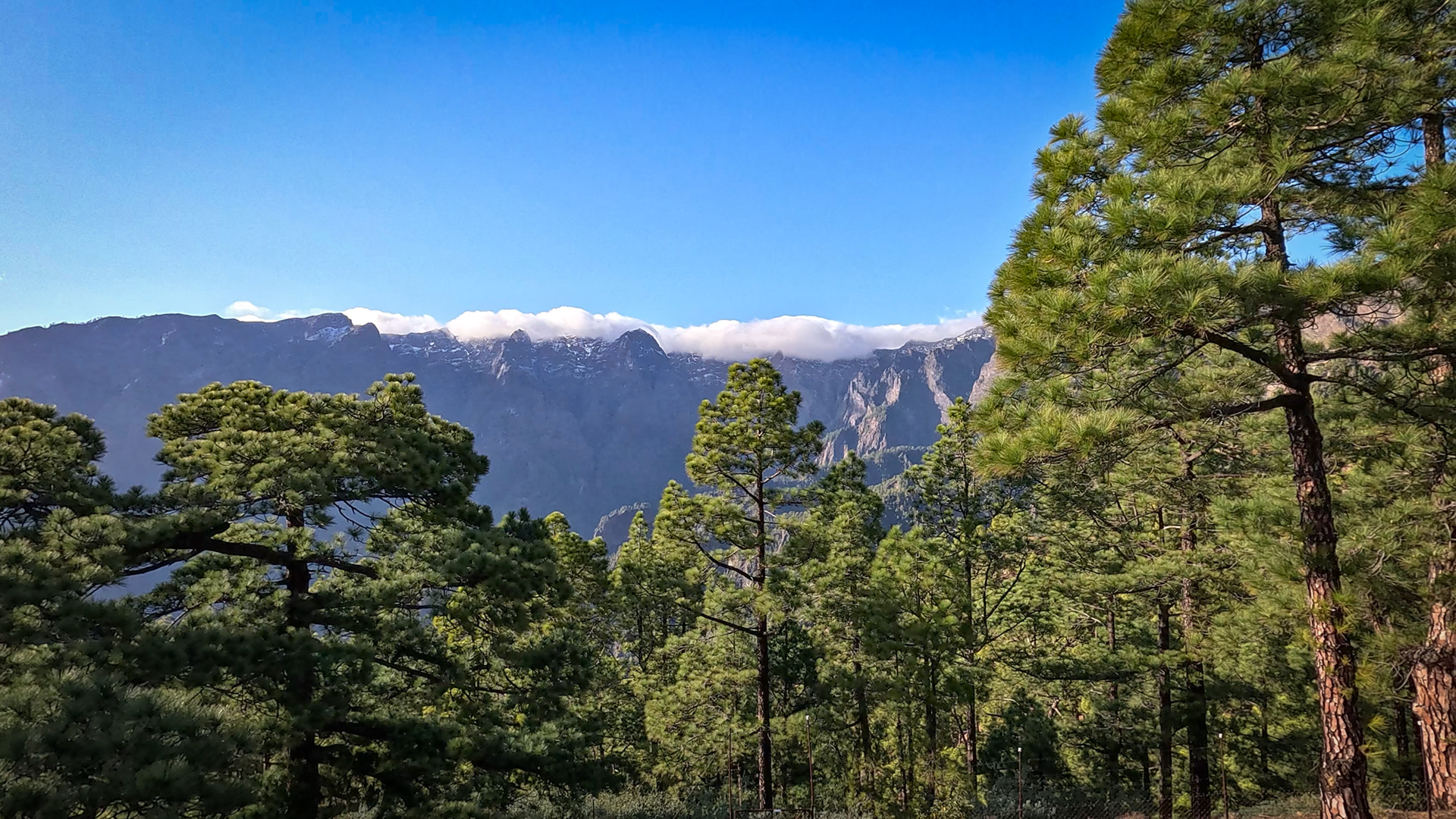Schneebedeckte Gipfel der Caldera de Taburiente im Winter